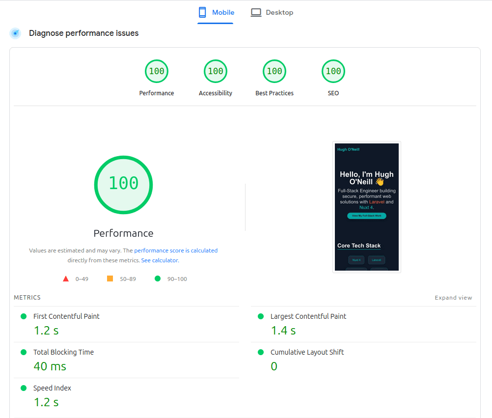 Google PageSpeed Insights Results Screenshot showing a score of 100 in each Google PageSpeed Insights Category